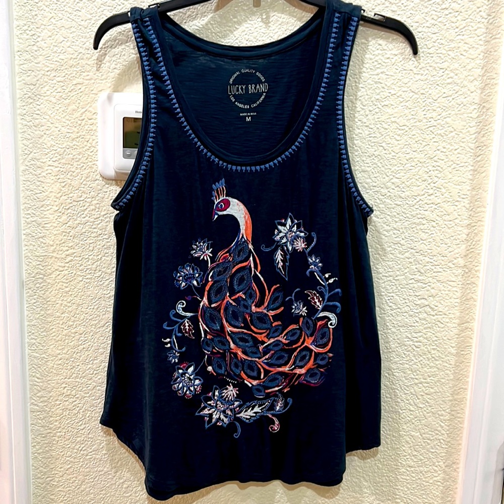 NWOT. Lucky Brand Navy Tank Top with Embroidered Peacock